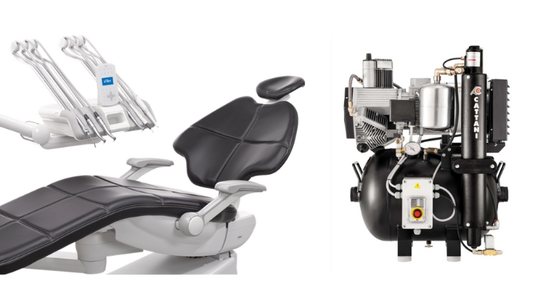 a disassembled dental chair being maintained