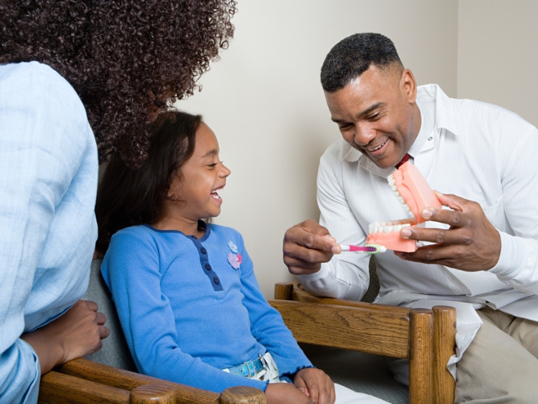 A dentist uses a model to demonstrate dentistry to a child