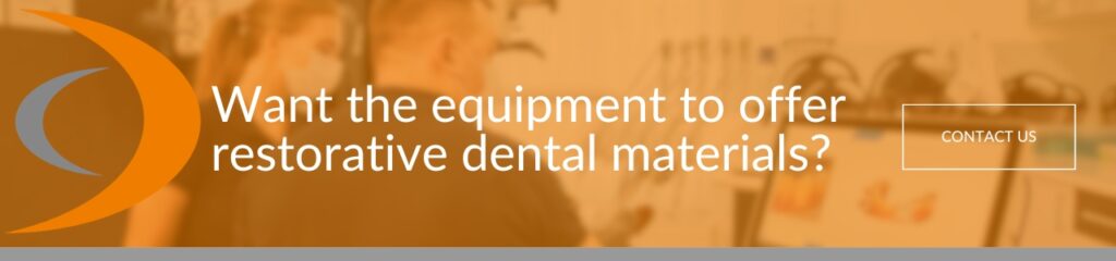 Want the equipment to offer restorative dental materials: Orange banner with call-to-action text and contact button over blurred dental clinic background.