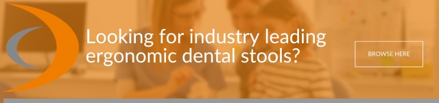 Looking for industry leading ergonomic dental stools: An orange-tinted promotional banner featuring a dentist working with a patient, with the text "Looking for industry leading ergonomic dental stools?" and a "Browse Here" call-to-action button.