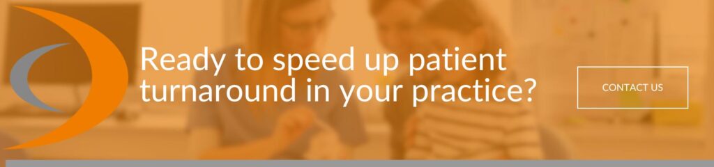 Ready to speed up patient turnaround in your practice A banner with an orange-tinted background showing two people in a dental or clinical setting, overlaid with a brand logo and the text "Ready to speed up patient turnaround in your practice?" alongside a "Contact Us" button.
