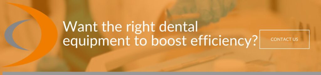 Want the right dental equipment to boost efficiency Banner with the text "Want the right dental equipment to boost efficiency?" over a blurred orange-toned image of dental tools, with a "Contact us" button.